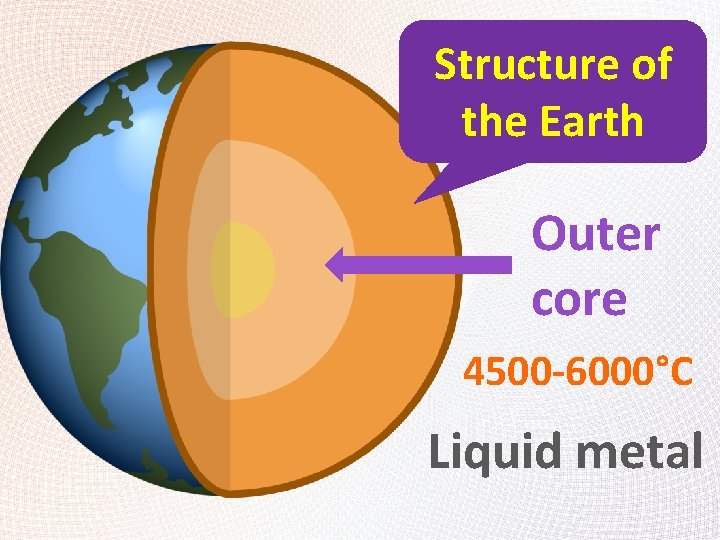 Structure of the Earth Outer core 4500 -6000°C Liquid metal 