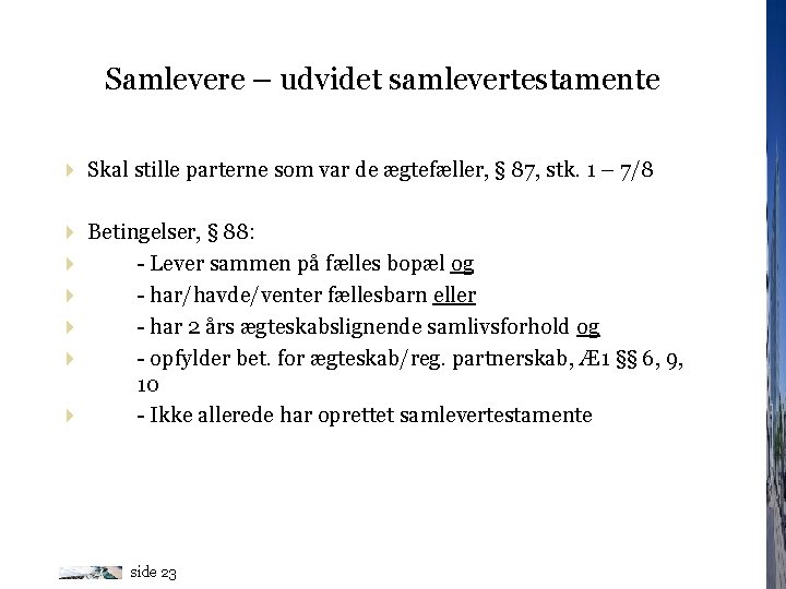 Samlevere – udvidet samlevertestamente 4 Skal stille parterne som var de ægtefæller, § 87,