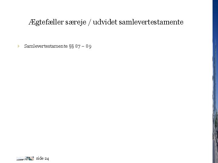 Ægtefæller særeje / udvidet samlevertestamente 4 Samlevertestamente §§ 87 – 89 side 24 