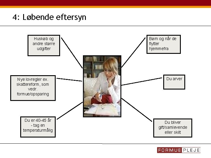 4: Løbende eftersyn Huskøb og andre større udgifter Nye lovregler ex. skattereform, som vedr.