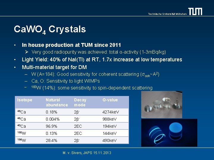 Technische Universität München Ca. WO 4 Crystals • In house production at TUM since