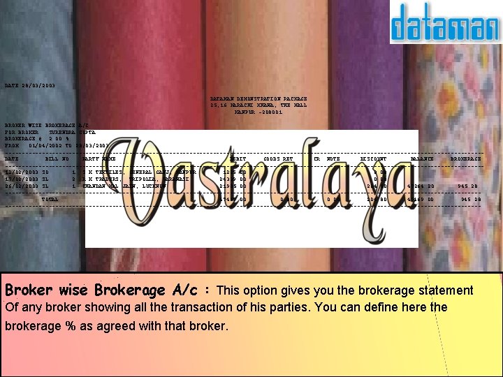 DATE 28/03/2003 DATAMAN DEMONSTRATION PACKAGE 25, 16 KARACHI KHANA, THE MALL KANPUR -208001 BROKER DATE 28/03/2003 DATAMAN DEMONSTRATION PACKAGE 25, 16 KARACHI KHANA, THE MALL KANPUR -208001 BROKER