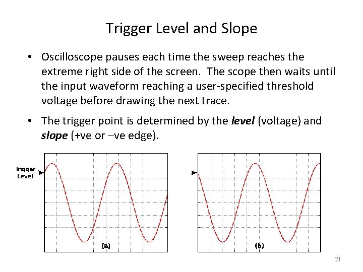 Trigger Level and Slope • Oscilloscope pauses each time the sweep reaches the extreme