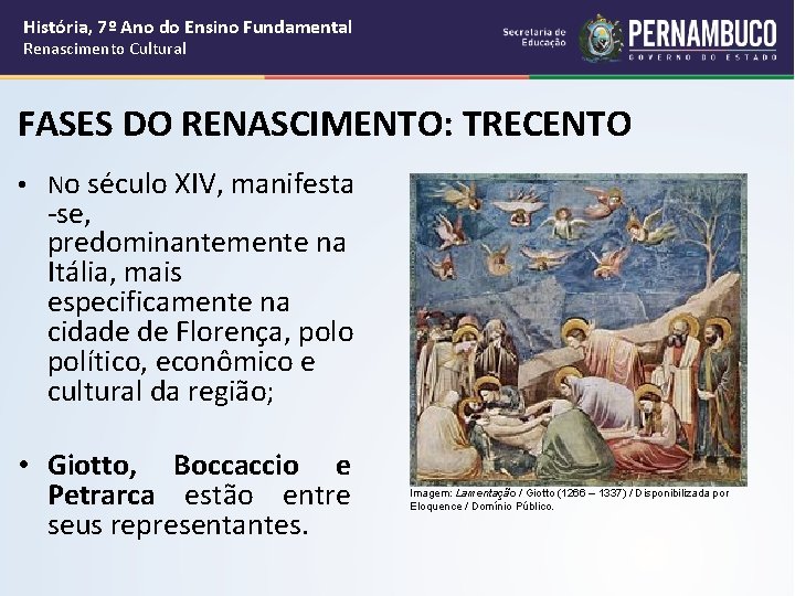 História, 7º Ano do Ensino Fundamental Renascimento Cultural FASES DO RENASCIMENTO: TRECENTO • No