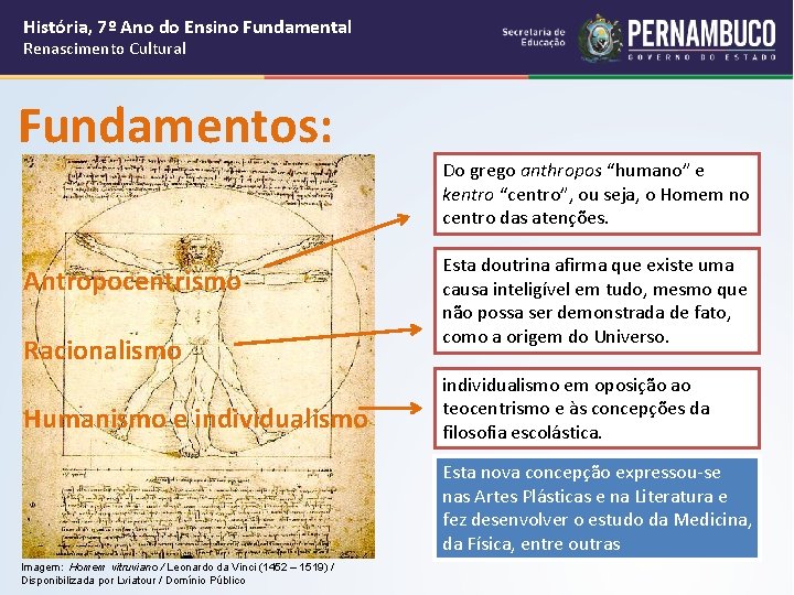 História, 7º Ano do Ensino Fundamental Renascimento Cultural Fundamentos: Do grego anthropos “humano” e