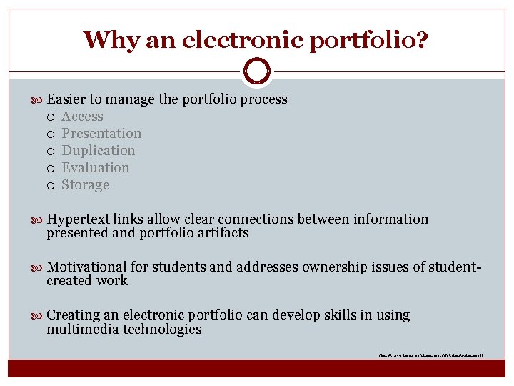 Why an electronic portfolio? Easier to manage the portfolio process Access Presentation Duplication Evaluation