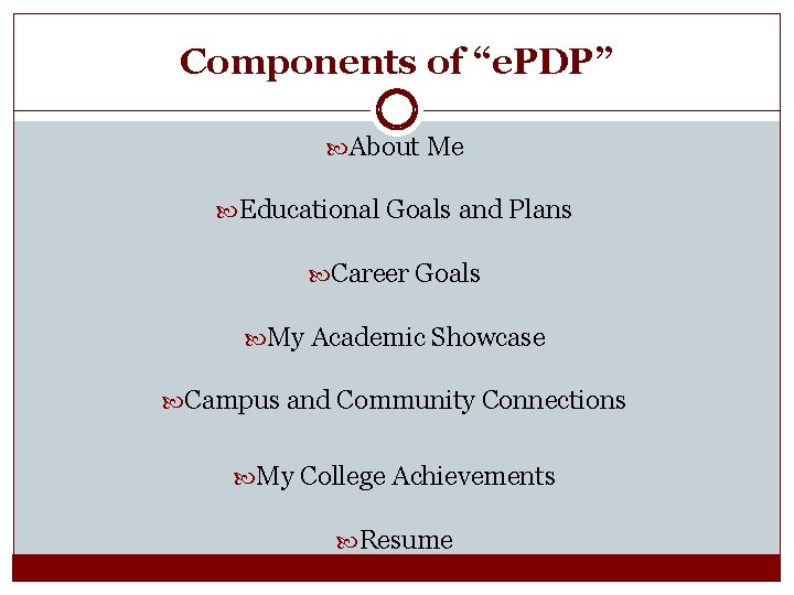 Components of “e. PDP” About Me Educational Goals and Plans Career Goals My Academic