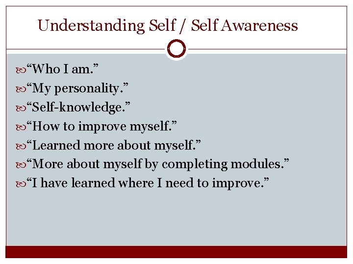 Understanding Self / Self Awareness “Who I am. ” “My personality. ” “Self-knowledge. ”