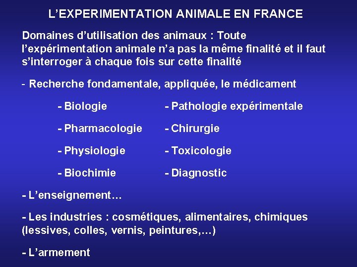 L’EXPERIMENTATION ANIMALE EN FRANCE Domaines d’utilisation des animaux : Toute l’expérimentation animale n’a pas
