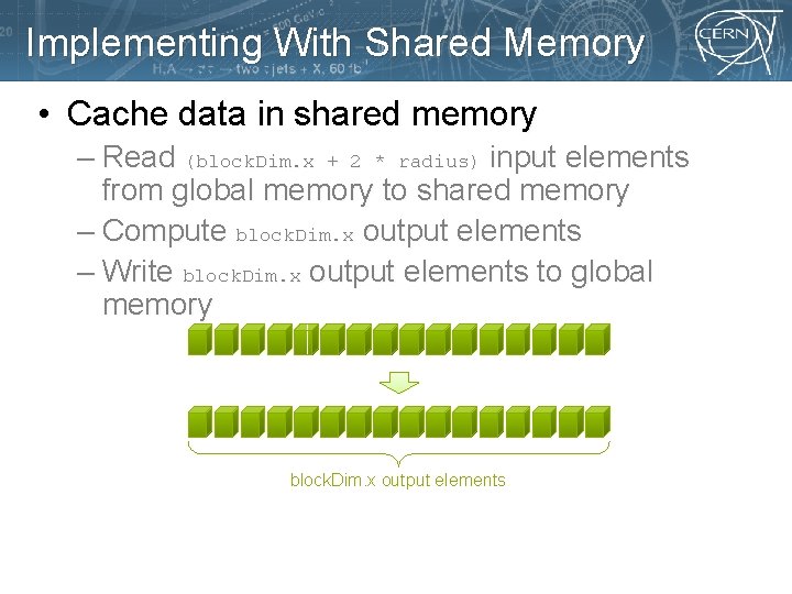 Implementing With Shared Memory • Cache data in shared memory – Read (block. Dim.