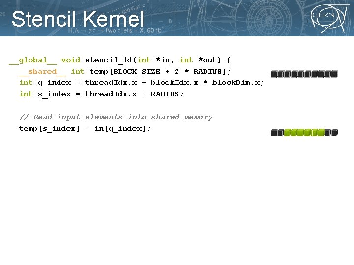 Stencil Kernel __global__ void stencil_1 d(int *in, int *out) { __shared__ int temp[BLOCK_SIZE +