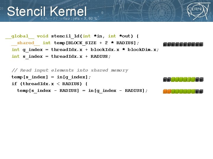 Stencil Kernel __global__ void stencil_1 d(int *in, int *out) { __shared__ int temp[BLOCK_SIZE +