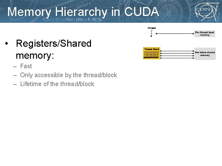 Memory Hierarchy in CUDA • Registers/Shared memory: – – – Fast Only accessible by