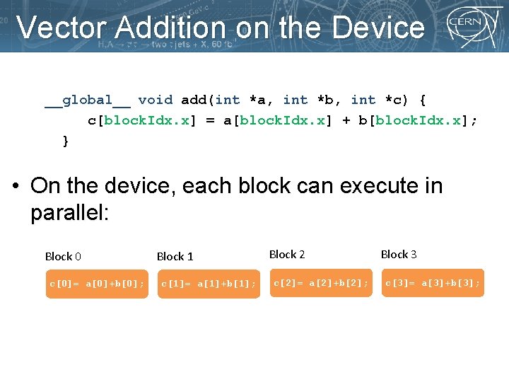 Vector Addition on the Device __global__ void add(int *a, int *b, int *c) {