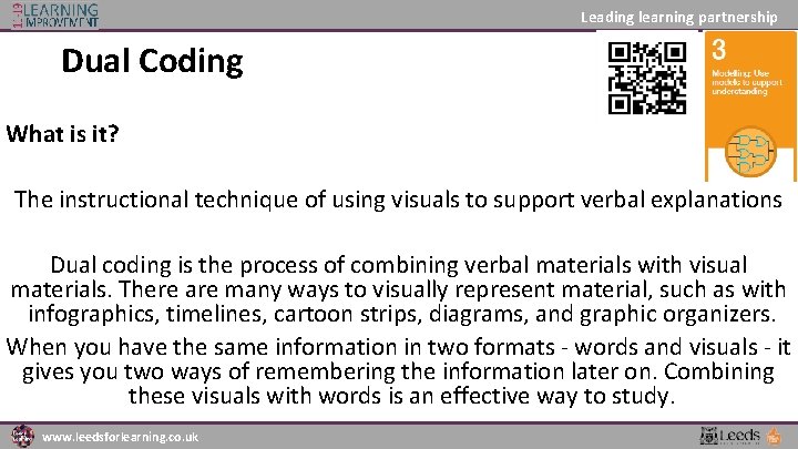 Leading learning partnership Dual Coding What is it? The instructional technique of using visuals