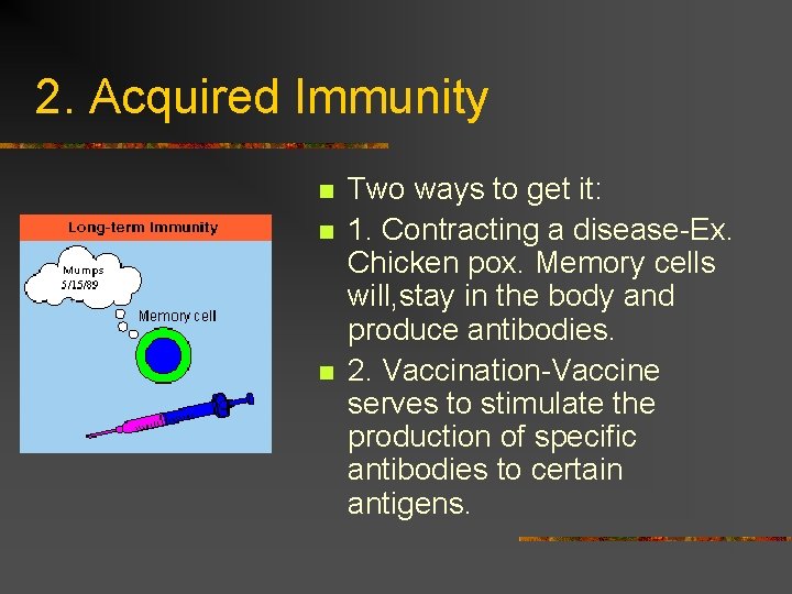 2. Acquired Immunity n n n Two ways to get it: 1. Contracting a