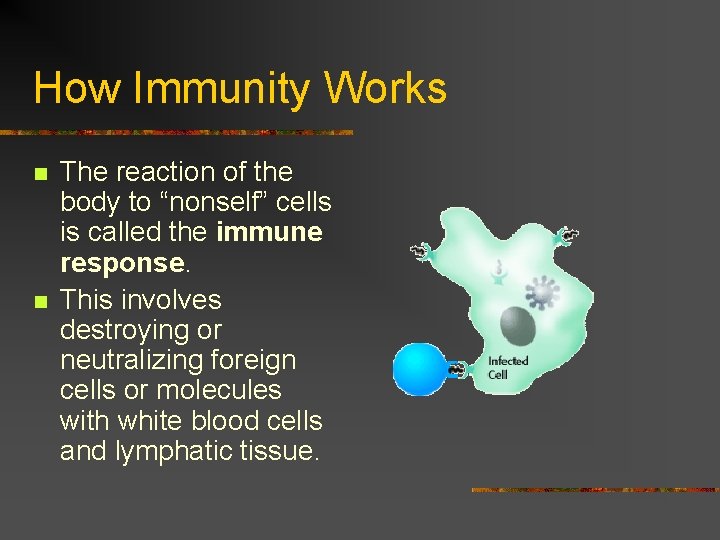 How Immunity Works n n The reaction of the body to “nonself” cells is