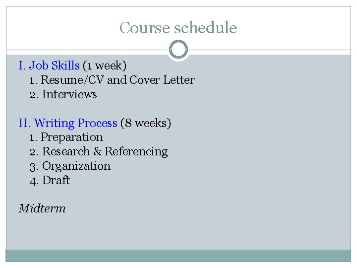 Course schedule I. Job Skills (1 week) 1. Resume/CV and Cover Letter 2. Interviews