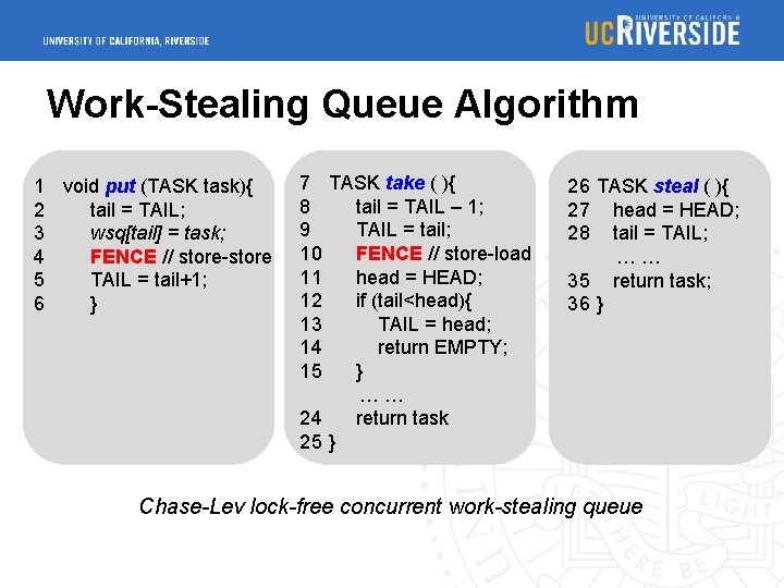 Work-Stealing Queue Algorithm 1 void put (TASK task){ 2 tail = TAIL; 3 wsq[tail]