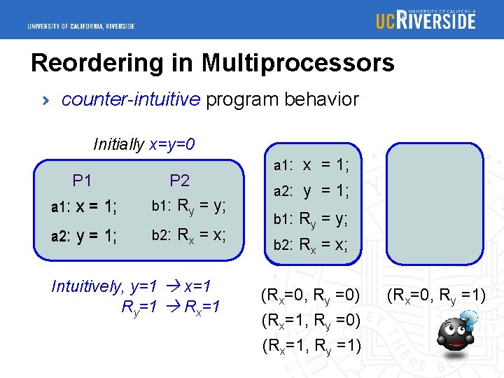 Reordering in Multiprocessors counter-intuitive program behavior Initially x=y=0 P 1 a 1: x =