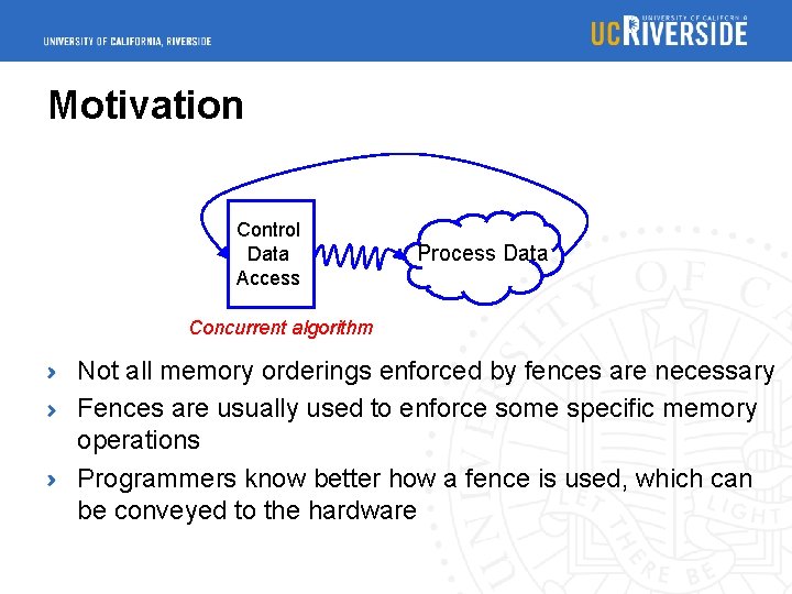 Motivation Control Data Access Process Data Concurrent algorithm Not all memory orderings enforced by