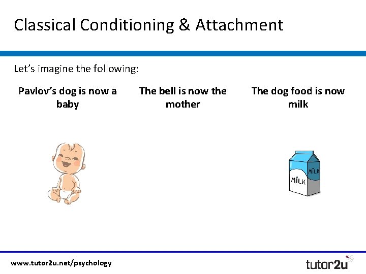 Classical Conditioning & Attachment Let’s imagine the following: Pavlov’s dog is now a baby