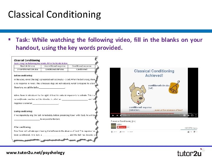 Classical Conditioning § Task: While watching the following video, fill in the blanks on