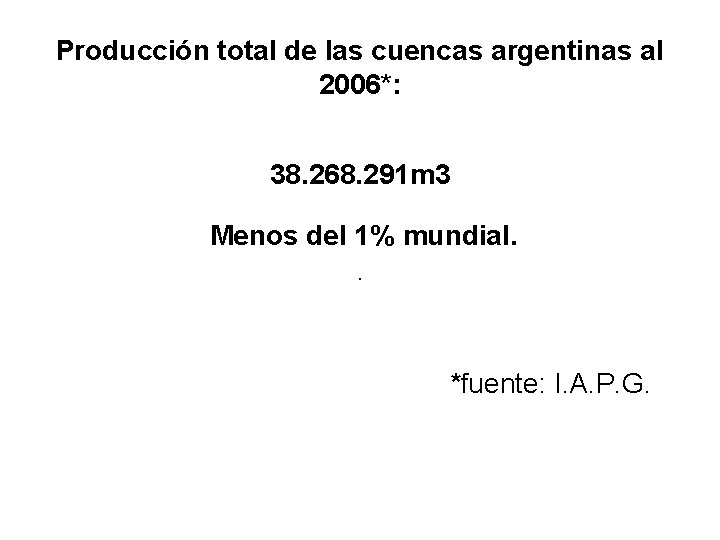 Producción total de las cuencas argentinas al 2006*: 38. 268. 291 m 3 Menos