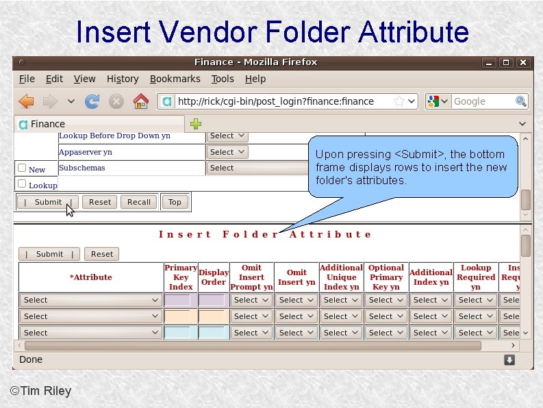 Insert Vendor Folder Attribute Upon pressing <Submit>, the bottom frame displays rows to insert