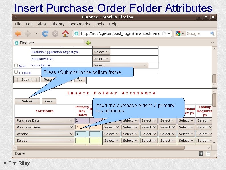 Insert Purchase Order Folder Attributes Press <Submit> in the bottom frame. Insert the purchase