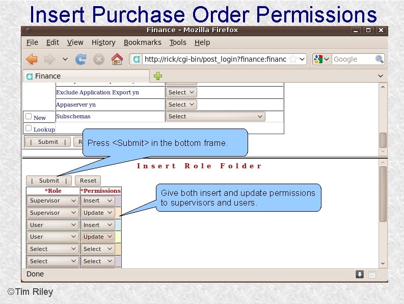 Insert Purchase Order Permissions Press <Submit> in the bottom frame. Give both insert and