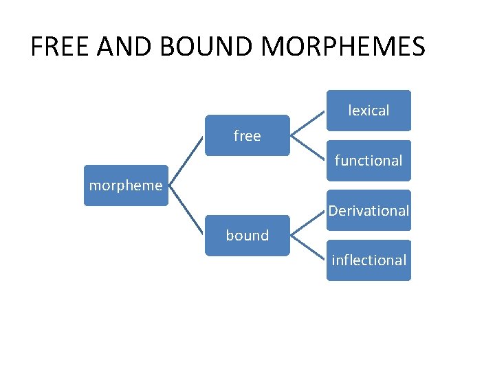 FREE AND BOUND MORPHEMES lexical free functional morpheme Derivational bound inflectional 