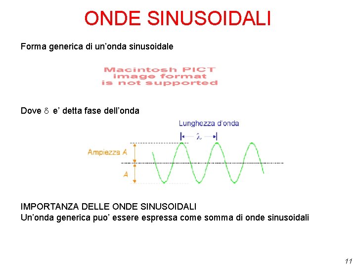 ONDE SINUSOIDALI Forma generica di un’onda sinusoidale Dove d e’ detta fase dell’onda IMPORTANZA ONDE SINUSOIDALI Forma generica di un’onda sinusoidale Dove d e’ detta fase dell’onda IMPORTANZA