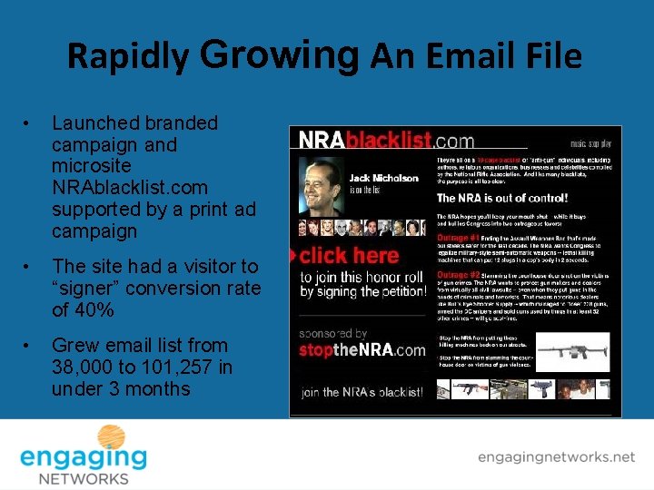 Rapidly Growing An Email File • Launched branded campaign and microsite NRAblacklist. com supported