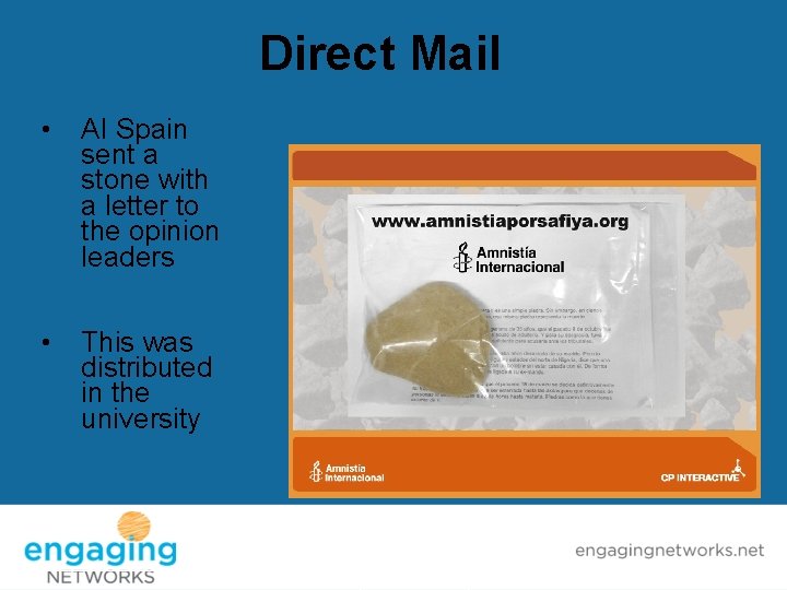 Direct Mail • AI Spain sent a stone with a letter to the opinion