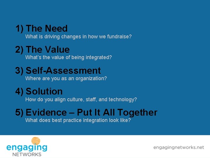 1) The Need What is driving changes in how we fundraise? 2) The Value