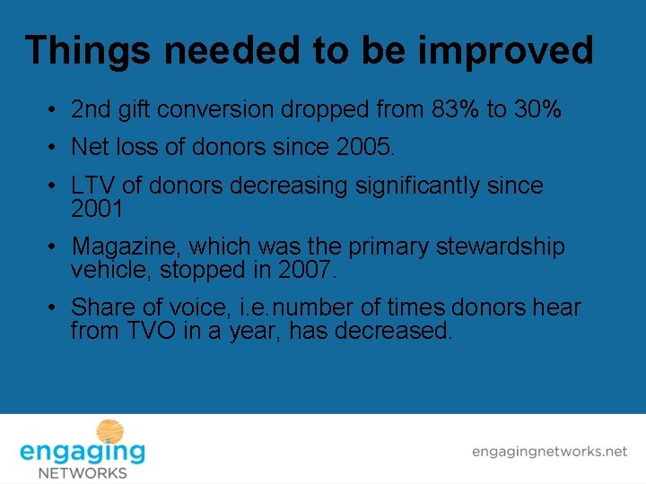 Things needed to be improved • 2 nd gift conversion dropped from 83% to