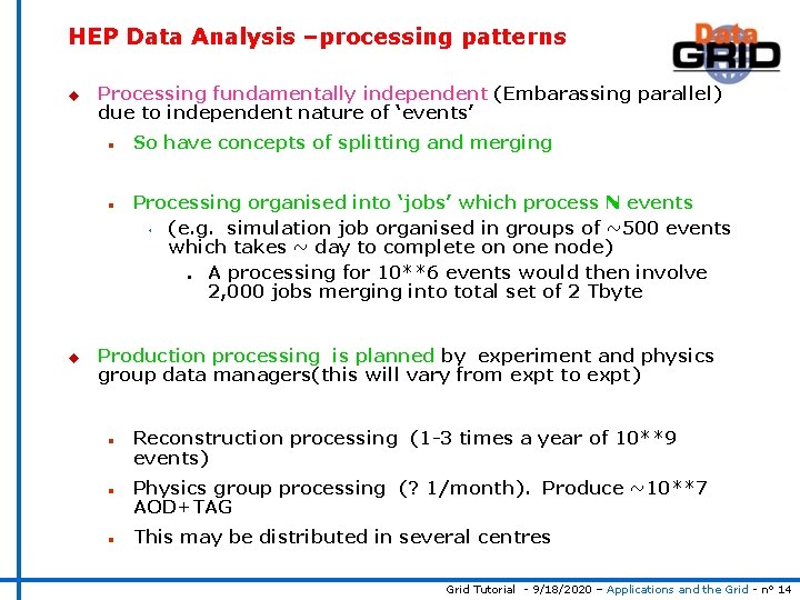 HEP Data Analysis –processing patterns u Processing fundamentally independent (Embarassing parallel) due to independent