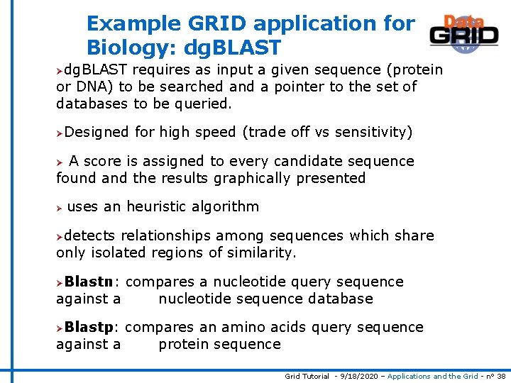 Example GRID application for Biology: dg. BLAST Ødg. BLAST requires as input a given