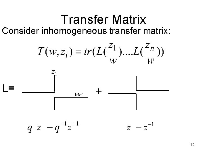 Transfer Matrix Consider inhomogeneous transfer matrix: L= + 12 