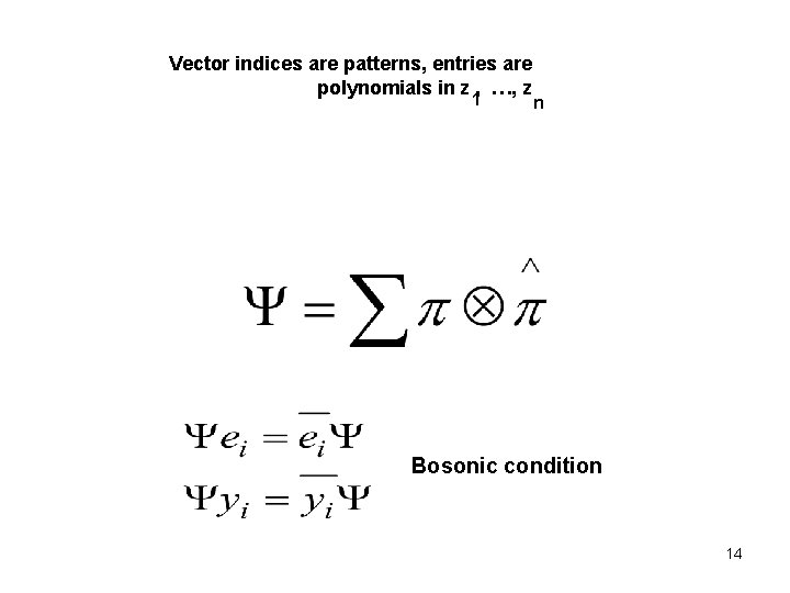 Vector indices are patterns, entries are polynomials in z , …, z 1 n