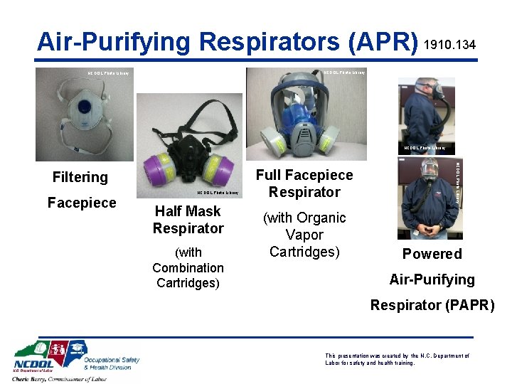Air-Purifying Respirators (APR) 1910. 134 NCDOL Photo Library Facepiece NCDOL Photo Library Half Mask Air-Purifying Respirators (APR) 1910. 134 NCDOL Photo Library Facepiece NCDOL Photo Library Half Mask