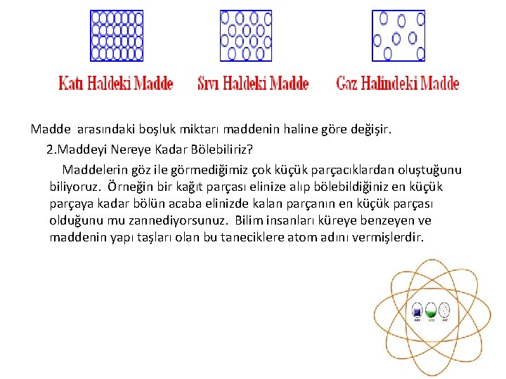 Madde arasındaki boşluk miktarı maddenin haline göre değişir. 2. Maddeyi Nereye Kadar Bölebiliriz? Maddelerin