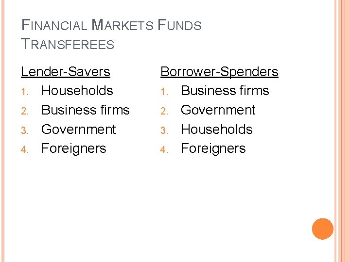 FINANCIAL MARKETS FUNDS TRANSFEREES Lender-Savers 1. Households 2. Business firms 3. Government 4. Foreigners