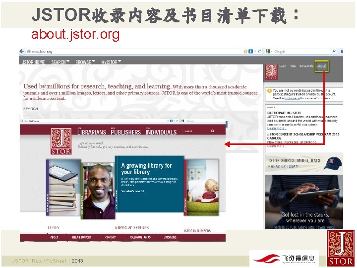 JSTOR收录内容及书目清单下载： about. jstor. org JSTOR Rep. / Fly. Sheet l 2013 