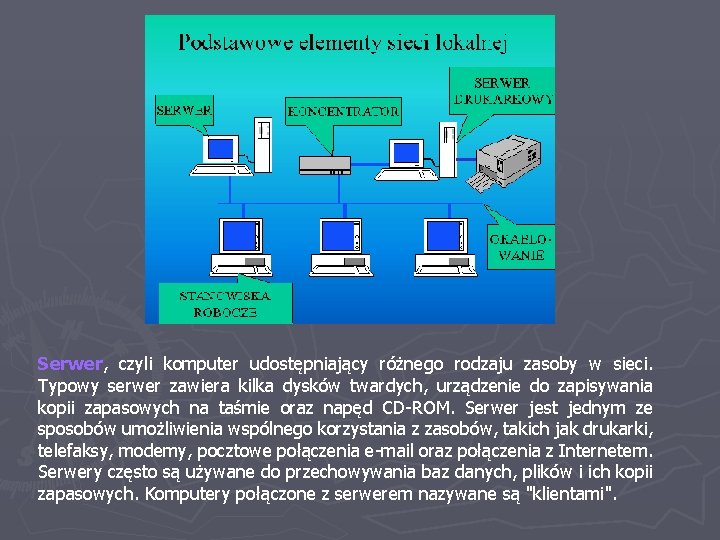 Serwer, czyli komputer udostępniający różnego rodzaju zasoby w sieci. Typowy serwer zawiera kilka dysków
