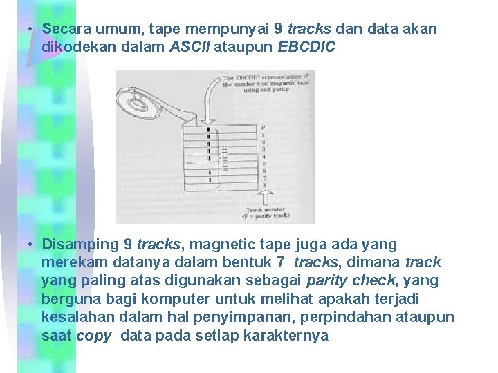 • Secara umum, tape mempunyai 9 tracks dan data akan dikodekan dalam ASCII