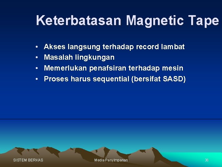 Keterbatasan Magnetic Tape • • SISTEM BERKAS Akses langsung terhadap record lambat Masalah lingkungan