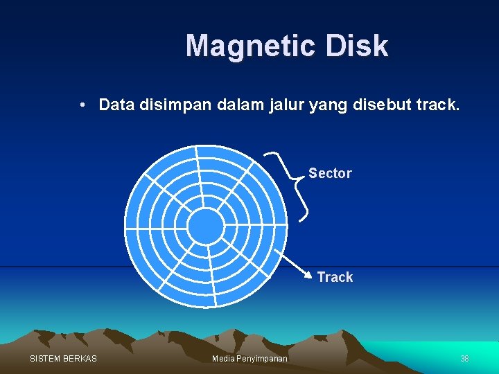 Magnetic Disk • Data disimpan dalam jalur yang disebut track. Sector Track SISTEM BERKAS