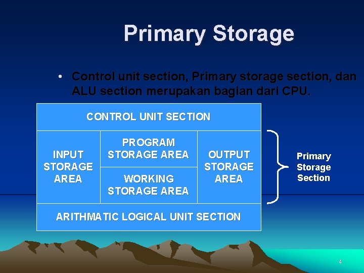 Primary Storage • Control unit section, Primary storage section, dan ALU section merupakan bagian